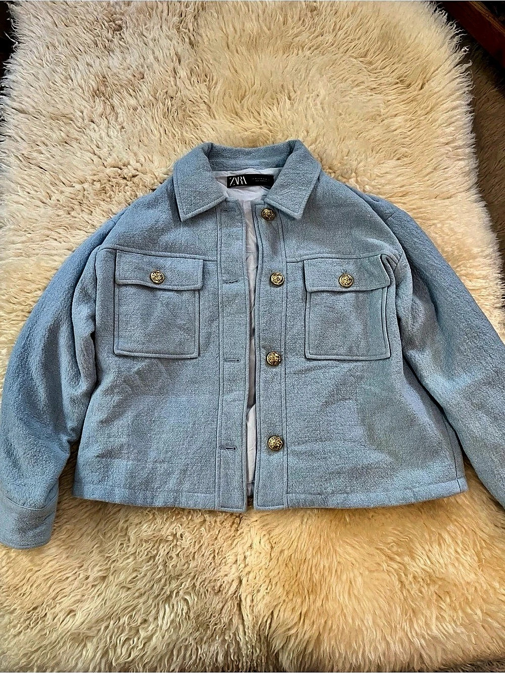 Zara Blazer Womens Sky Blue Jacket Lined Gold Buttons Pockets Size Medium